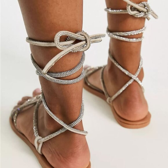 ASOS Design Faye Suede Leather Rhinestone Embellished Tie Up Gladiator Sandals - Picture 2 of 3